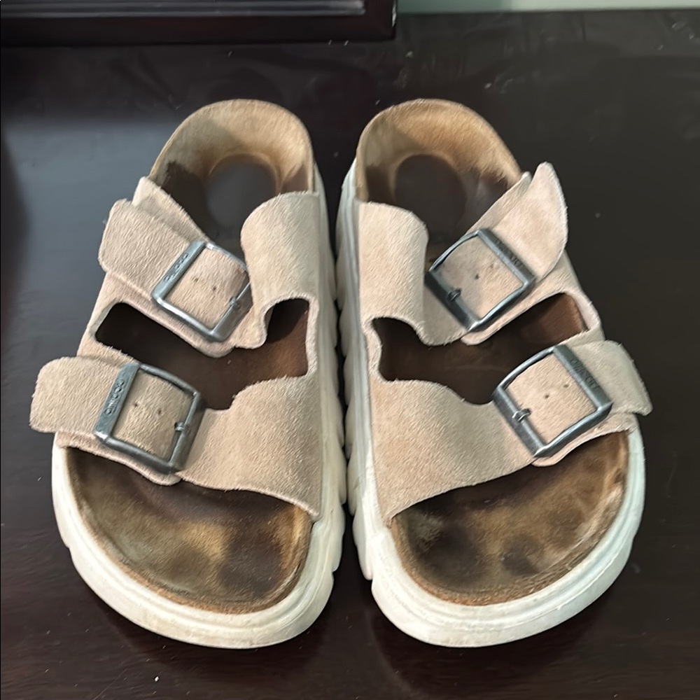 Papillio Tan and White Adjustable Strap Sandals
